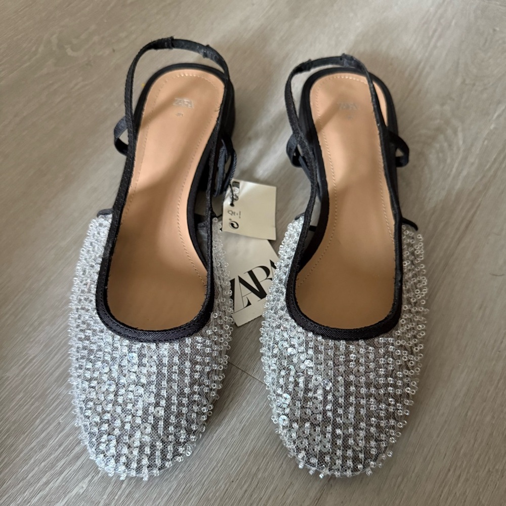 Zara Black and Silver Beaded Flats